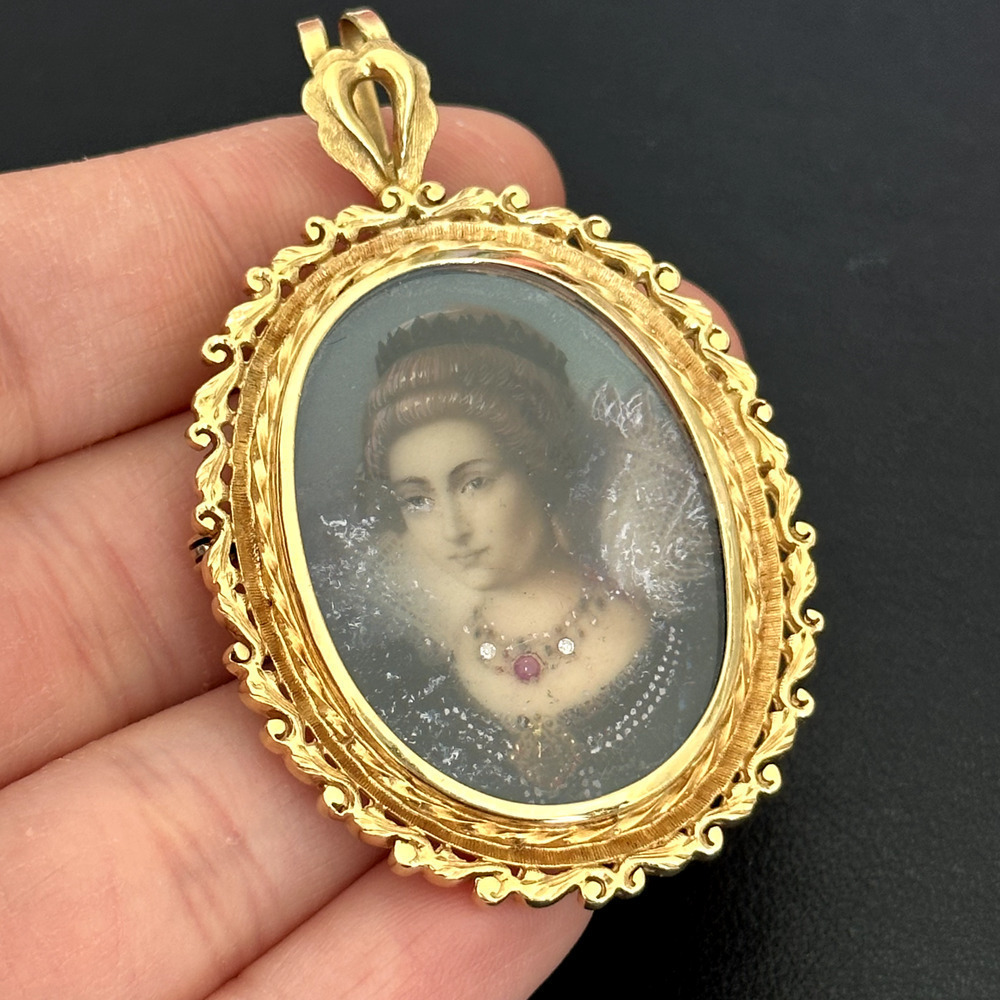 18K 750 Yellow Gold Antique Portrait Floral Scroll Framed Woman Pin Pendant - Picture 6 of 16